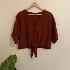 Rust/Terra Cotta Chiffon Tie-Front Cropped Blouse